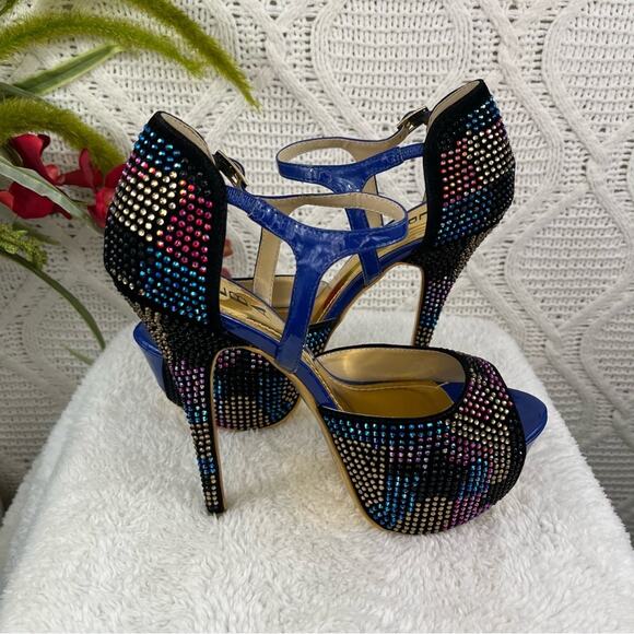 ALBA Multicolored Rhinestone Bejewled Super High Stiletto Heels Open Toe Pumps 9 - Picture 8 of 10